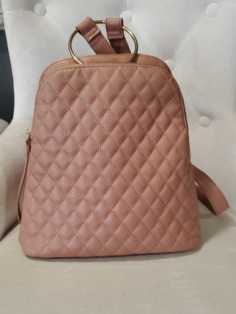 Like Dreams Quilted Blush Pink Women's Backpack with Gold Ring Handle